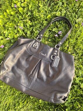Coach Black Leather Tote with Signature Tag